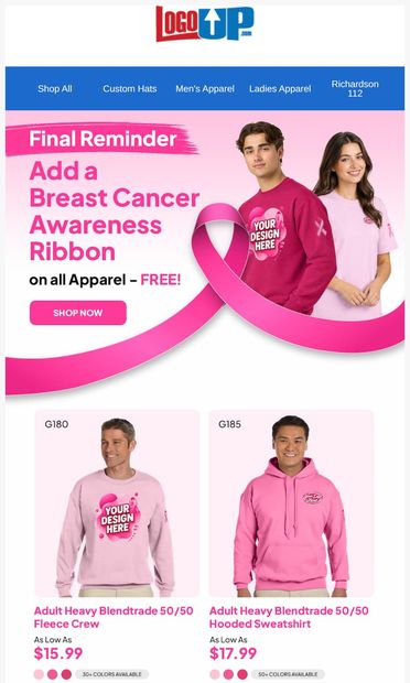 Final Reminder: Add a Breast Cancer Ribbon - FREE - email from LogoUp.com