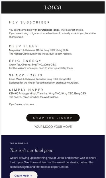 Still thinking about Lorea's Designer Tonics? - email from Lorea