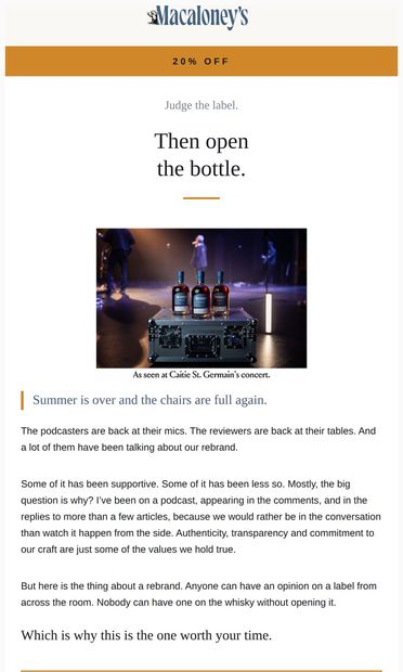 Judge the label. Then open the bottle. - email from Macaloney's
