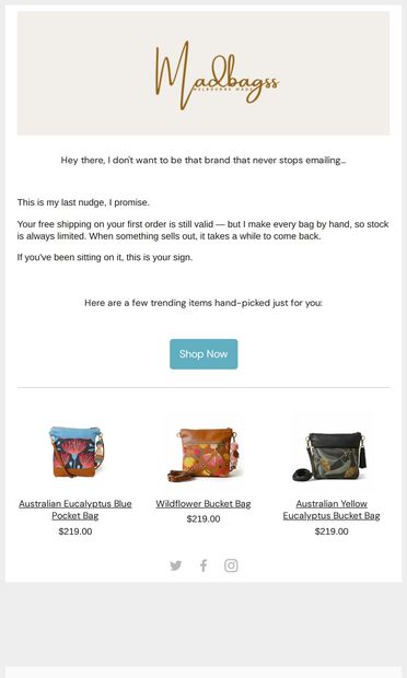 Your free shipping is still waiting (but my bags aren't) 🛍️🎁 - email from Madbagss