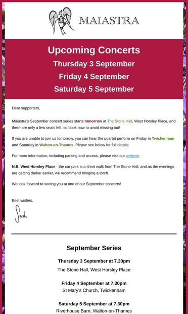 STARTING TODAY - Maiastra Upcoming Concerts - email from Maiastra