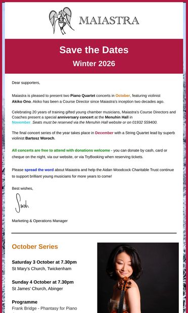 Maiastra concerts - Save the Dates - email from Maiastra