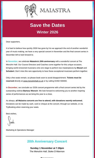 Maiastra concerts - Save the Dates - email from Maiastra