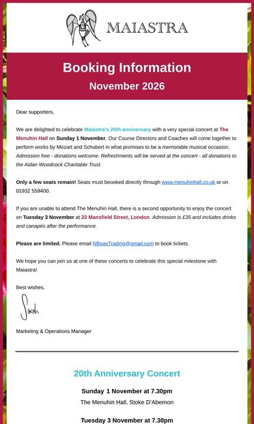 Maiastra 20th Anniversary Concerts - email from Maiastra