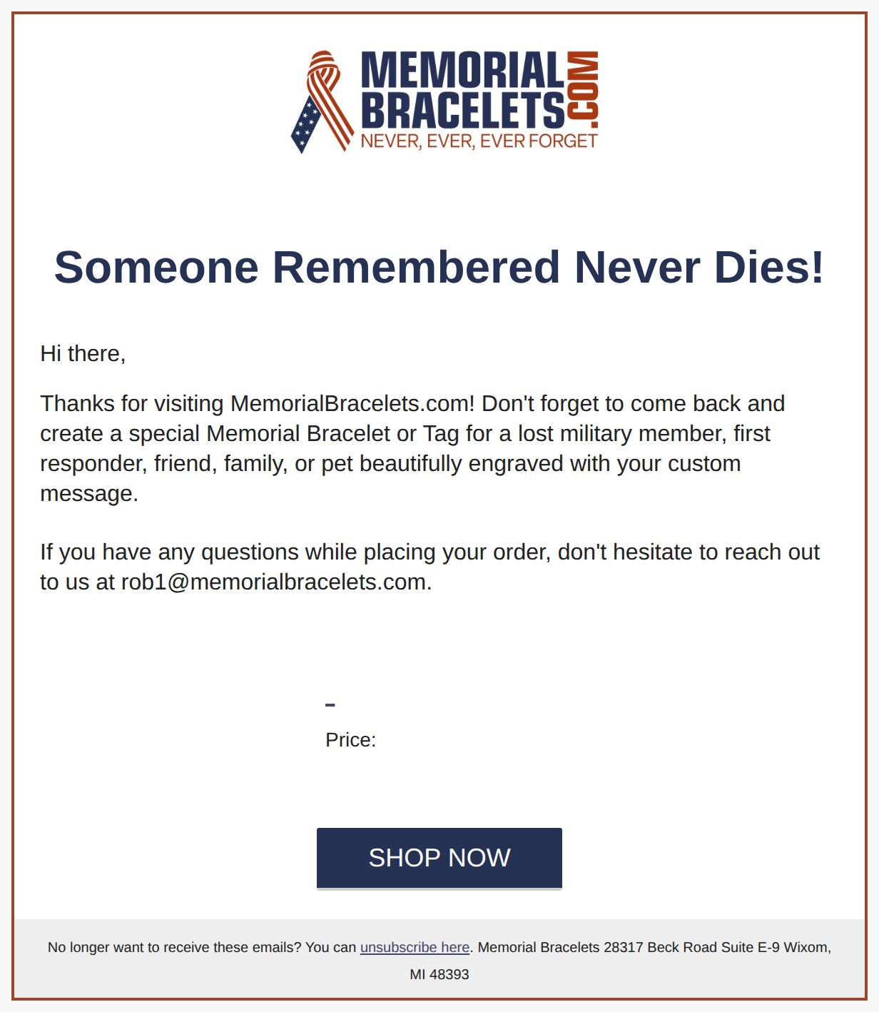 Honor a Lost Loved One with a Memorial Bracelet - email from Memorial Bracelets
