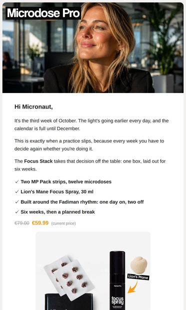 Six weeks, one box, darker days - email from Microdose Pro