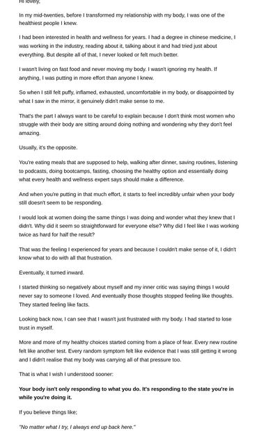Your body is not working against you. - email from Mode the Method