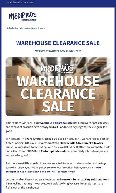 (UK) Warehouse Clearance Sale! - email from Modiphius
