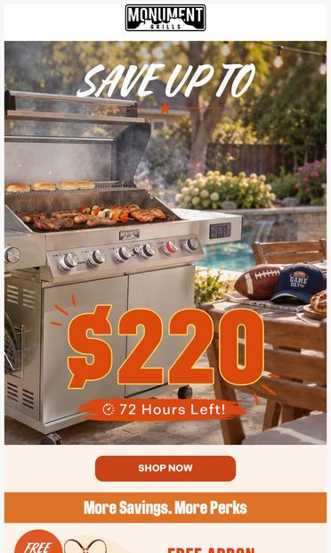72 Hours Left: Save Up to $220 🔥 - email from Monument Grills