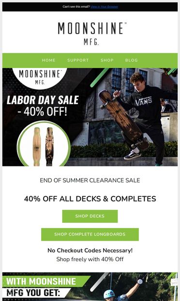 Labor Day Sale is live: 40% off decks & completes - email from Moonshine MFG