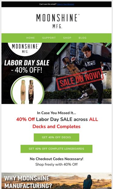 A reminder from us: 40% off decks & completes - email from Moonshine MFG