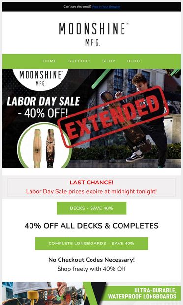 Last chance - 40% off ends at midnight - email from Moonshine MFG