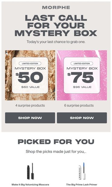 LAST CALL: MYSTERY BOX ENDS TODAY - email from Morphe
