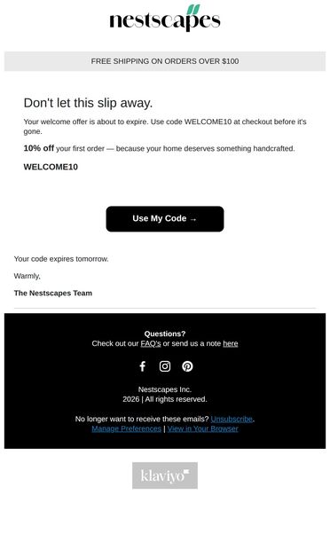 Your 10% off expires tomorrow - email from Nestscapes
