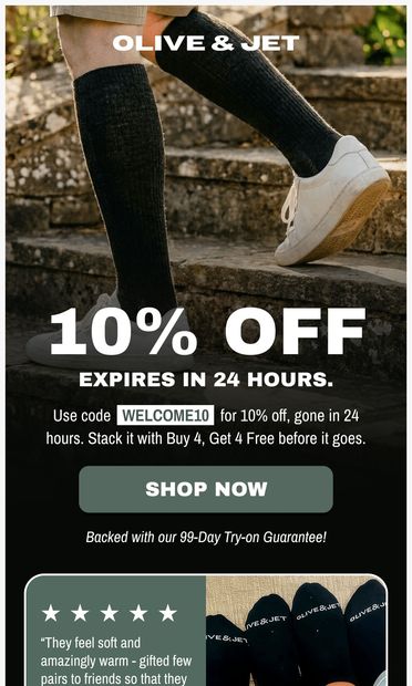 24 hours left on your 10% off - email from Olive & Jet