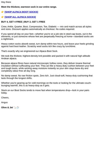 our thickest, warmest sock yet - email from Olive & Jet