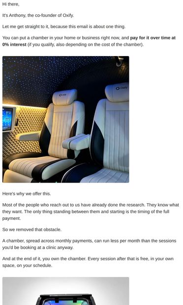 0% interest hyperbaric chamber - email from Oxify