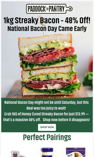 $13.99/kg Honey Cured Streaky Bacon! 🥓 - email from Paddock to Pantry