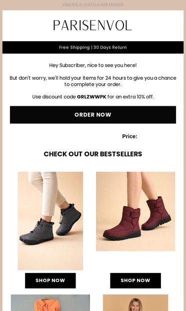 Come back and save 10%! - email from Paris Envol