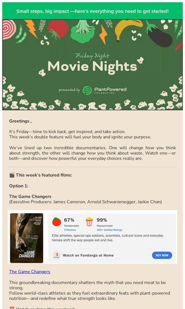 Friday Night Movie Night: Fuel Your Body, Feed the Future - email from PlantPowered Pledge