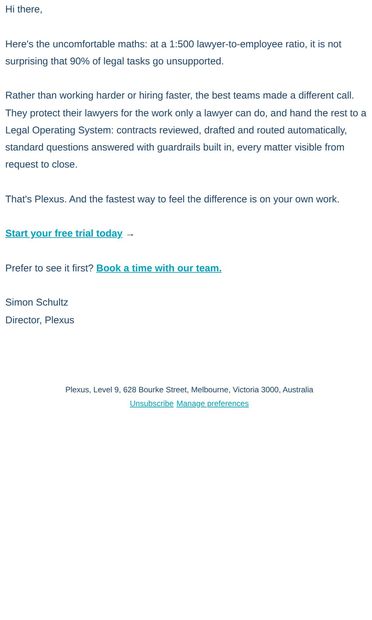 The best legal teams stopped hiring to keep up - email from Plexus