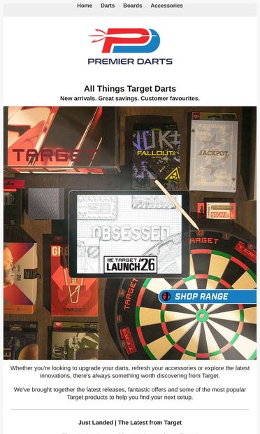 New In, Big Savings & Target Favourites - email from Premier Darts