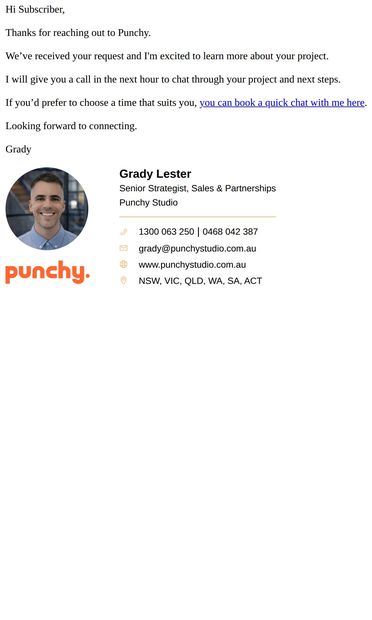 Thanks for your quote request. Let’s chat - email from Punchy