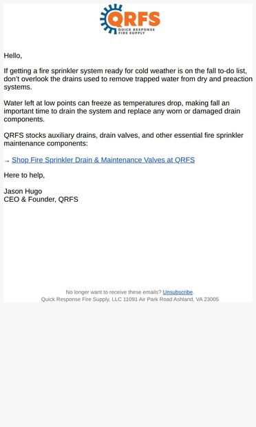 Cold Weather Prep for Fire Sprinkler Systems - email from QRFS