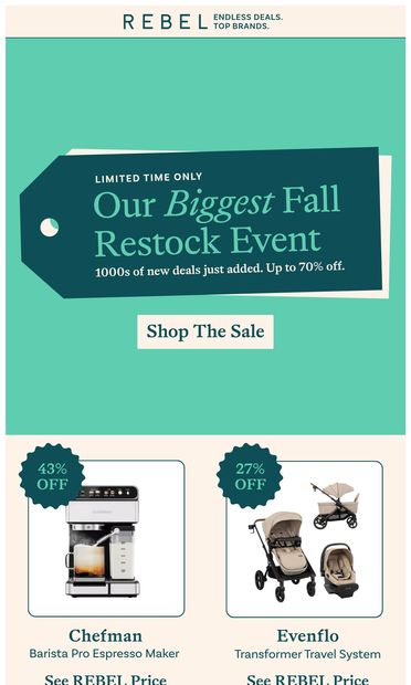🚨Our biggest Fall Restock Event is ON - email from REBEL