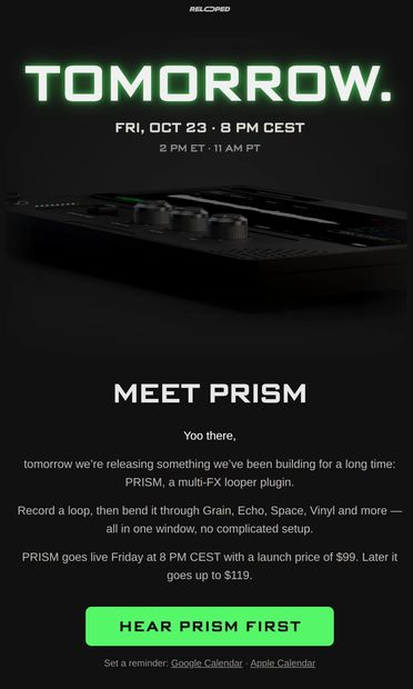 PRISM drops tomorrow 👀 - email from Relooped