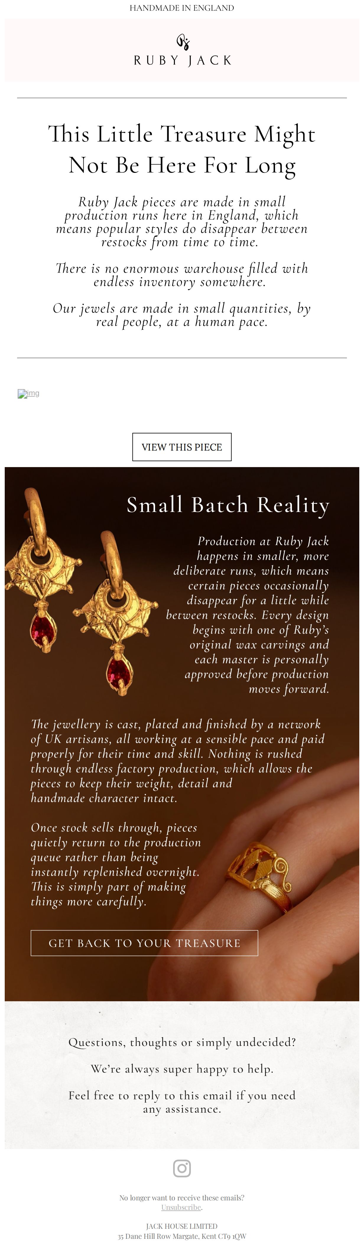 Small Batch Means Limited Availability - email from Ruby Jack
