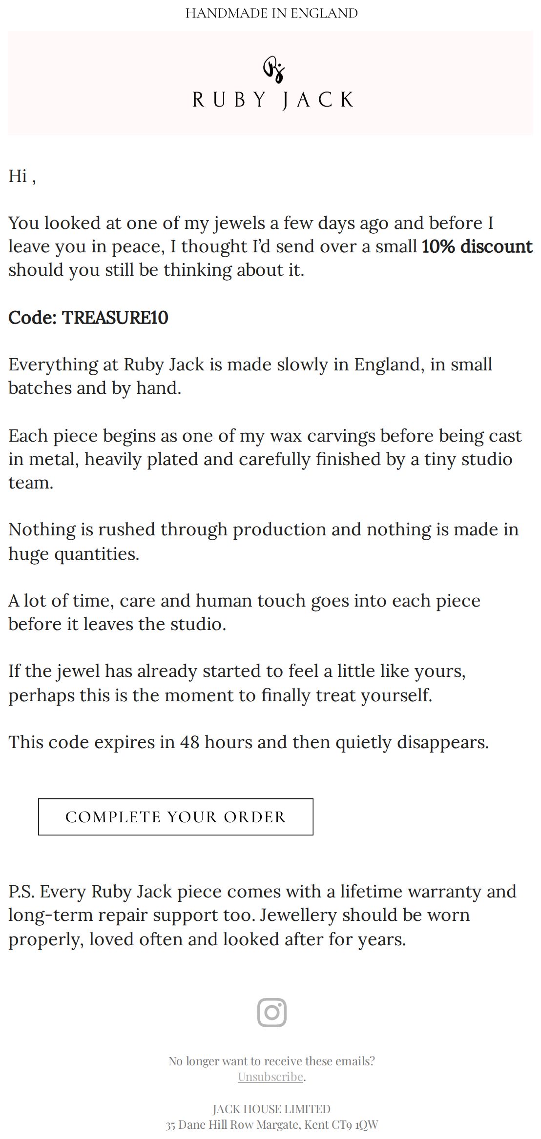 One Last Look, With 10% Off - email from Ruby Jack