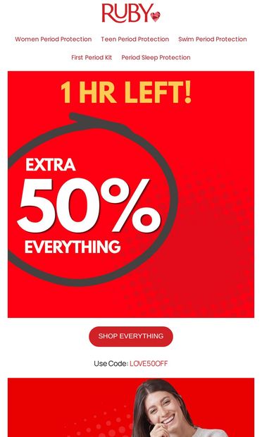 60 MINUTES! 50% OFF EVERYTHING ENDS. - email from Ruby Love