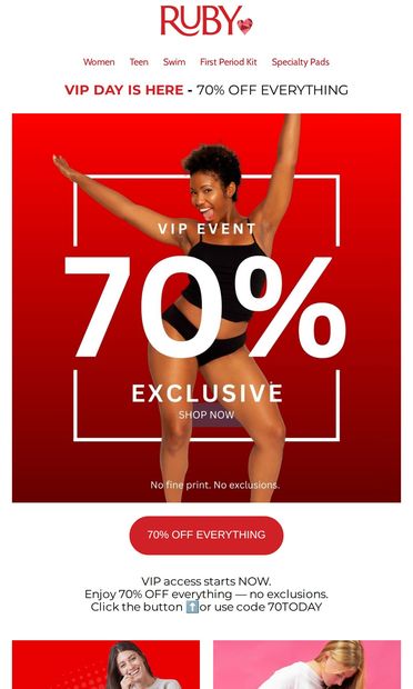 VIP Day Is Here: 70% OFF Everything 🎉 - email from Ruby Love