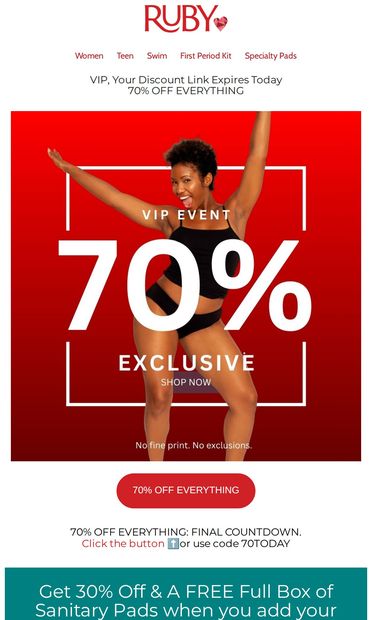 70% OFF: VIP's ONLY Event - email from Ruby Love
