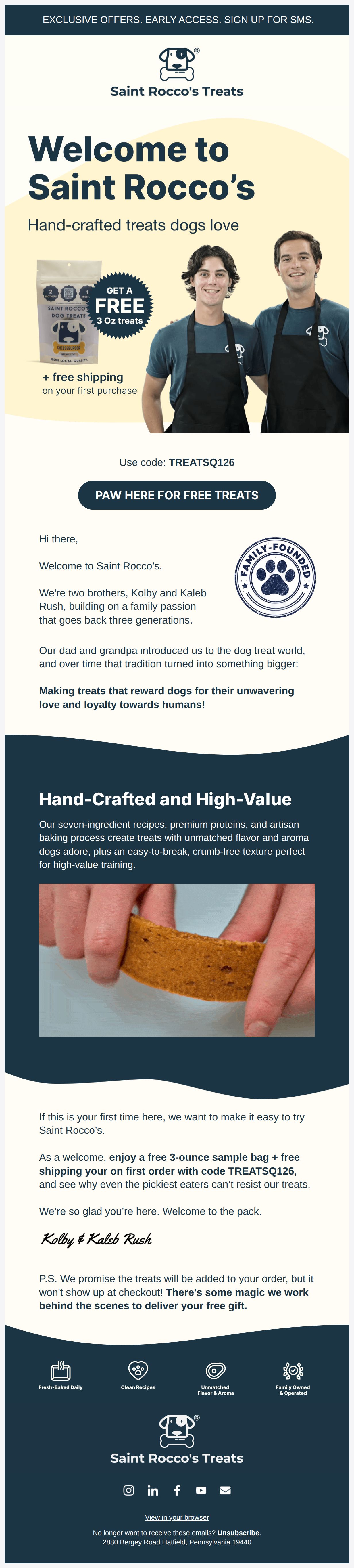 Welcome to Saint  Rocco’s  (Free treats are waiting for you) - email from Saint Rocco's Treats