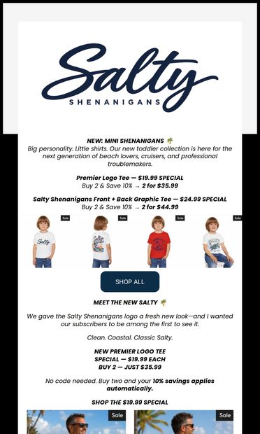 Fresh Salty Logo + Meet Mini Shenanigans 🌴 - email from Salty Shenanigans Beach Apparel