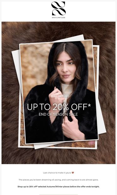 End of Season Sale ends tonight ✨ - email from She's Limitless