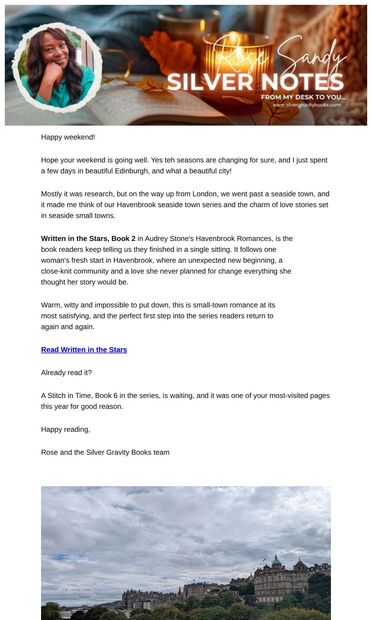 Written in the Stars: The Audrey Stone Havenbrook Romance Readers Keep
 Finishing - email from Silver Gravity Books