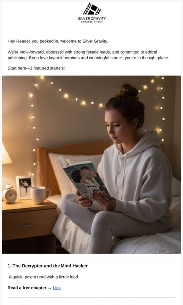 Start with a free chapter... our treat - email from Silver Gravity Books