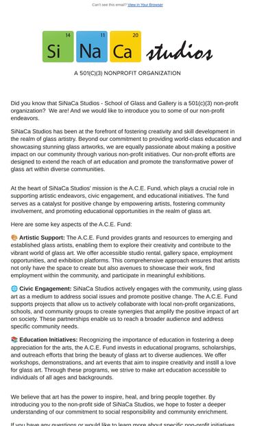 Unveiling SiNaCa Studios' Non-Profit Initiatives: Igniting Creativity, Inspiring Change 🌟 - email from SiNaCa Studios
