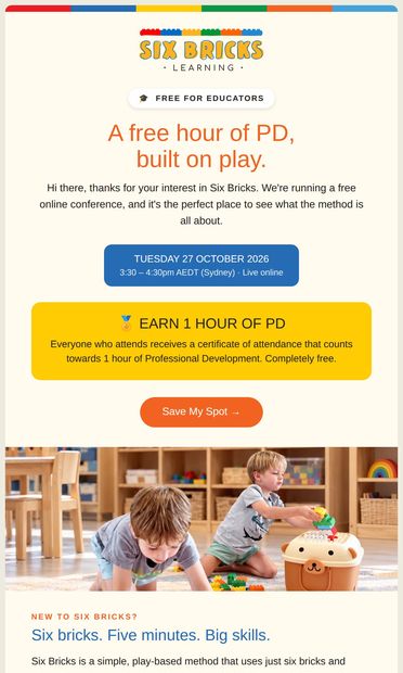 Free 1-hour PD: discover the Six Bricks method - email from Six Bricks Learning