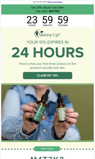 24 hours left on your 10% - email from Skinny Up!