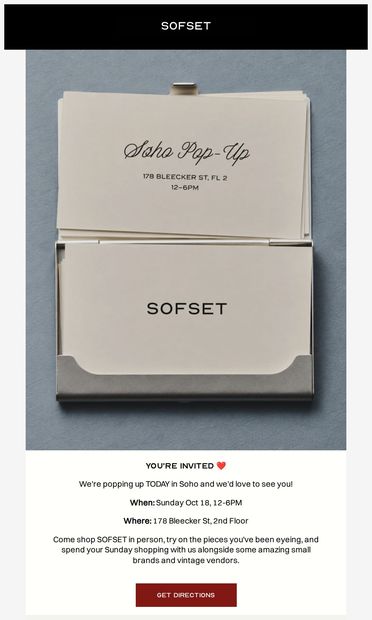You're invited: SOFSET in SoHo ❤️ - email from Sofset