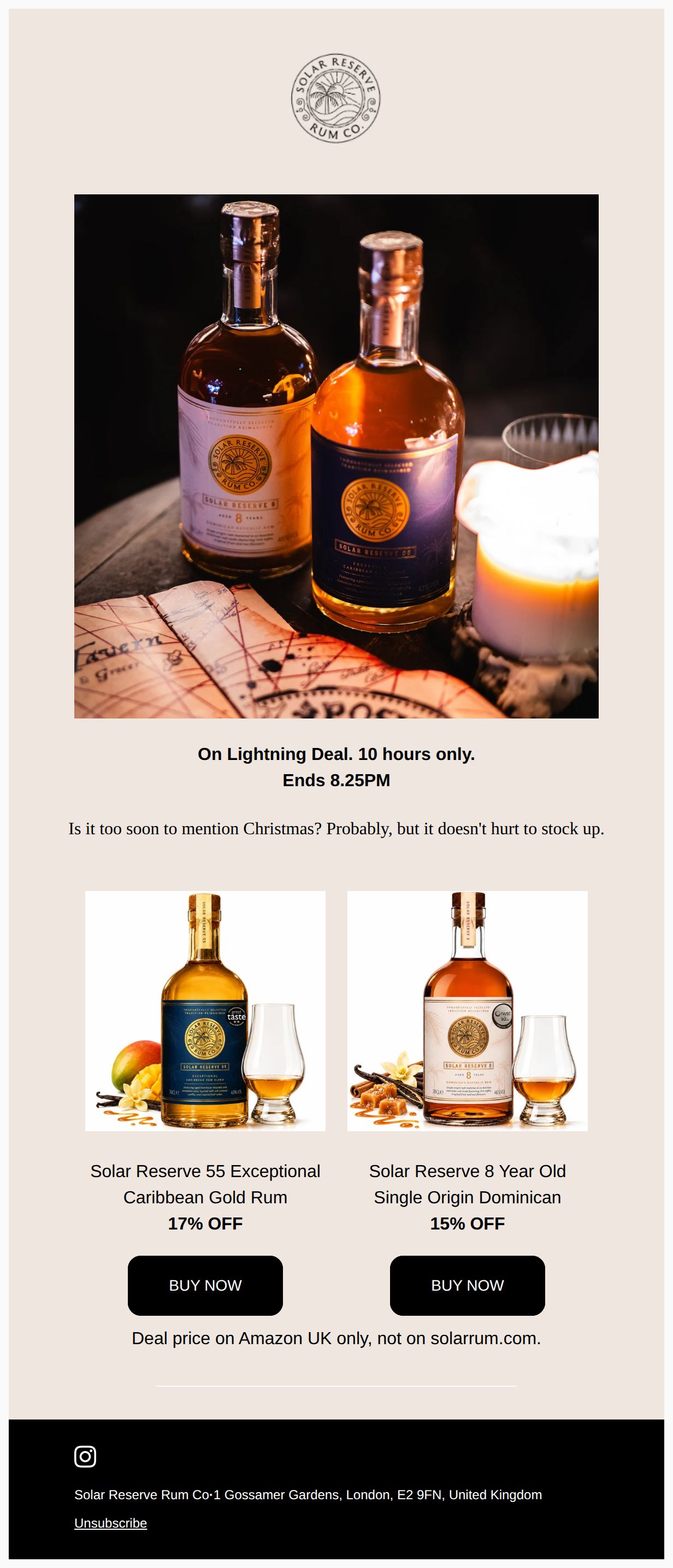 Solar Reserve on Amazon Lightning Deal: 10 hours only - email from Solar Reserve Rum Co