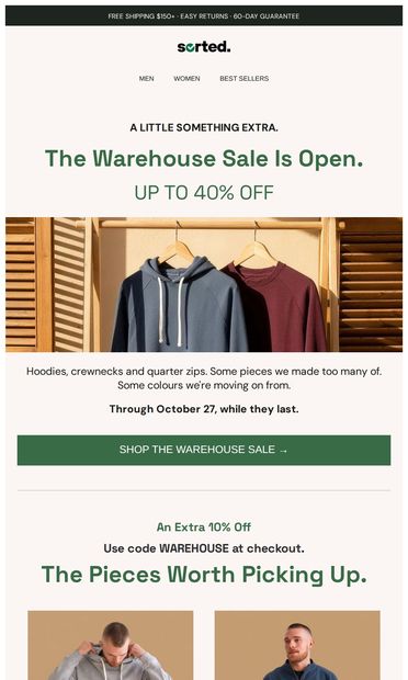 The warehouse sale is open - email from Sorted.