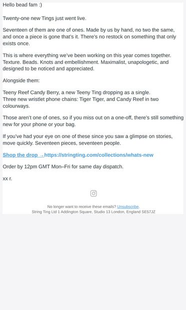 Seventeen one-of-ones. Plus a few you can share. - email from String Ting