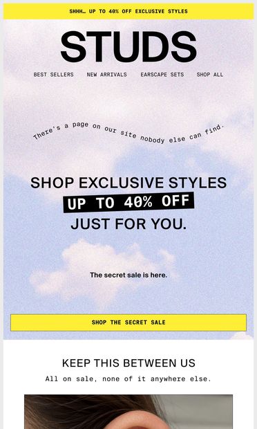 Your Secret Sale Access: Up to 40% Off - email from Studs