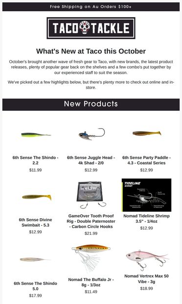 Fresh arrivals, new brands, restocks & combo's at Taco - email from Taco Tackle