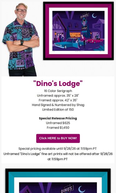 LAST CHANCE for SPECIAL PRICING on Shag's "Dino's Lodge"! - email from The Shag Store